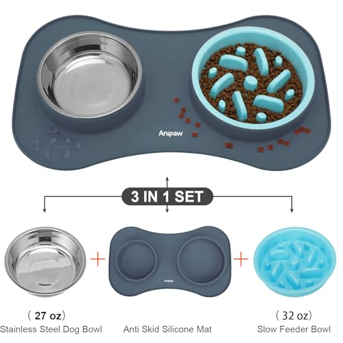 Slow Feeder Dog Bowls 3 in 1 Stainless Steel Food Water Bowl to Slow Eating (Large Breed / Light Grey)