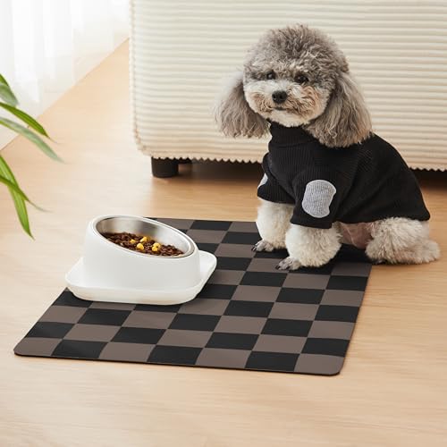 Checkered Dog Feeding Mat (24"L x 16"W / Brown)