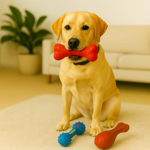 Chew Toy Natural Rubber chew Toy for Interactive Play Toy Ball Rope Rubber Value Set for Small to Medium Breed Dog mutt Puppy (Multicolour)