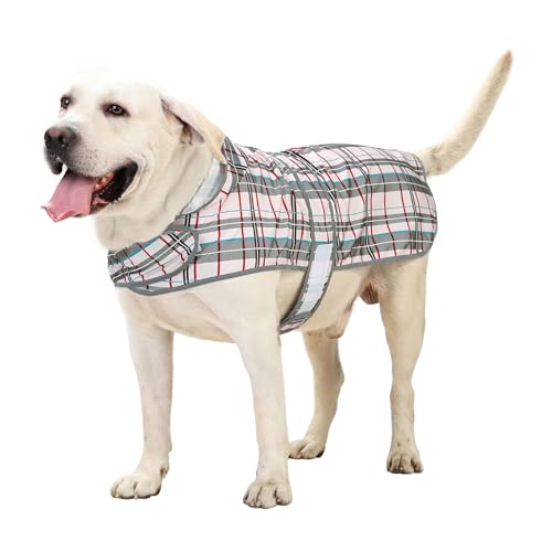 Dog Raincoat Waterproof Dog Rain Jacket with Hood (Khaki Plaid / X-Large)