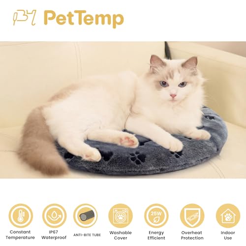 Pet Heating Pad for Cats Dogs Indoor & Sheltered Outdoor Waterproof Heated Cat Bed Heated Dog Bed Chew Resistant Cord Constant Temperature Electric Warming (Grey / Round: 16" x 16" x 1.3")