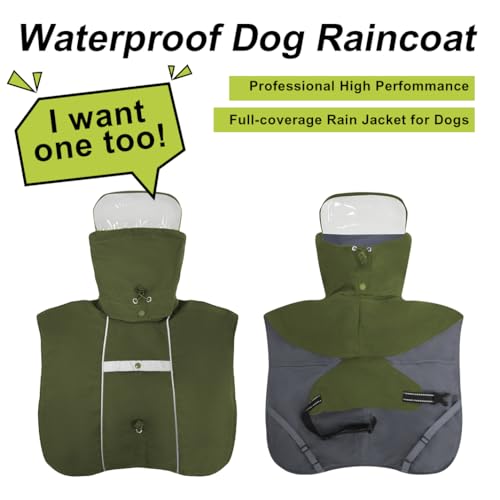 Pet Dog Raincoat Jacket Large Dog Rain Poncho with Transparent Hood (Army Green / 3XL-Fit for 28-45 lbs)