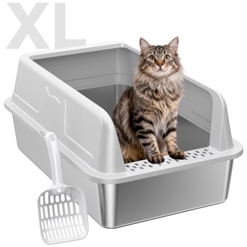 High Sided Stainless Steel XL Cat Litter Box for Cats (Grey XL)