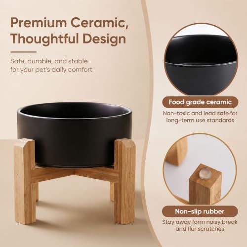 Elevated Ceramic Dog Bowl with Bamboo Stand (Black / 3.6Cup)