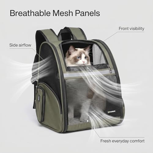 Cat Backpack Carrier for Small Dogs and Medium cat Puppy Kitten Bunny Pet Carrier Backpack Collapsible with Fully Ventilated Mesh with Safety Leash (DarkGreen / 12.9"L x 10.62"W x 15.5"H)