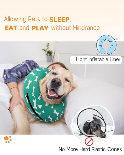 Inflatable Dog Cone Collar for Large Medium Small Dogs (T Bone Green / M(Neck 9"-12.5"))