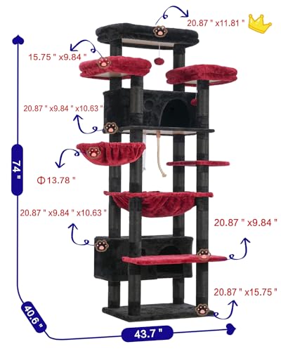 Cat Tree 74" Tower for Large Cats (74 inch / Black and red)