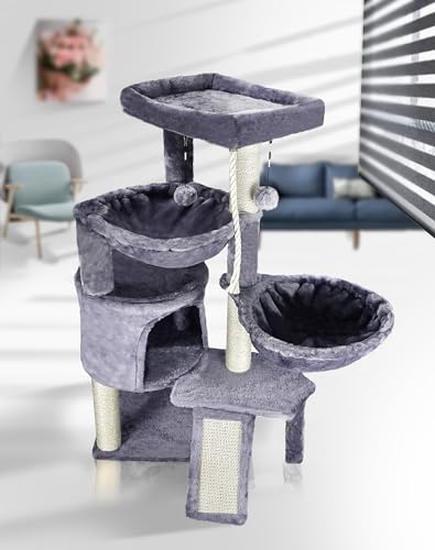 Three Layer Cat Tree with Cat Condo and Two Hammocks (Small / Grey)