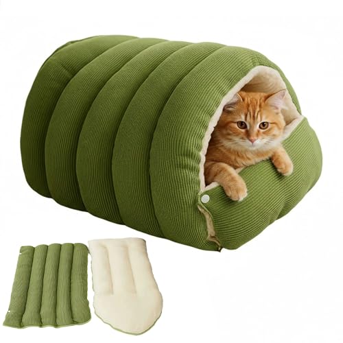 3-in-1 Enclosure Cat House Bed，Large Detachable Cat Cave Bed Warm，Cozy Cat Mat Nest Sleeping Bed Puppy House for Cats Small Dogs 22.4x14.5x11 Inches，Green (Green / Large)