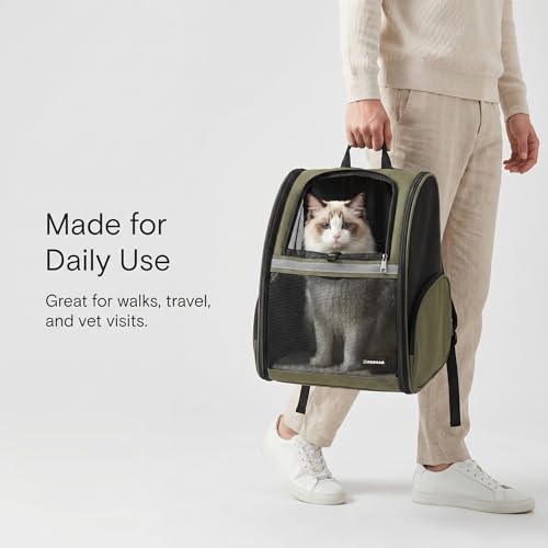 Cat Backpack Carrier for Small Dogs and Medium cat Puppy Kitten Bunny Pet Carrier Backpack Collapsible with Fully Ventilated Mesh with Safety Leash (DarkGreen / 12.9"L x 10.62"W x 15.5"H)