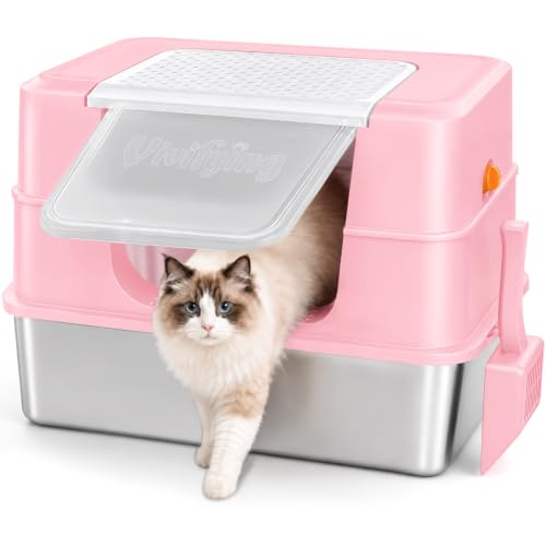 XL Enclosed Stainless Steel Cat Litter Box with Lid (Pink)