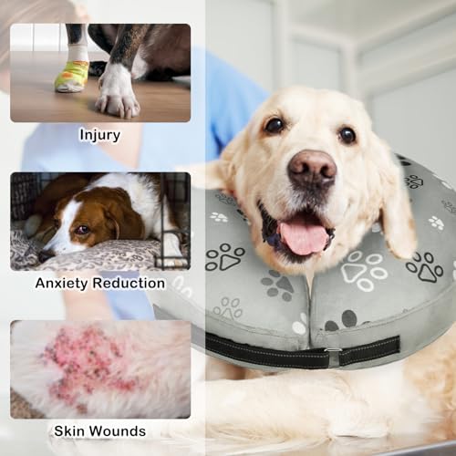 Dog Cone Alternative After Surgery Donut Collar Soft (Grey Footprints / L(Neck 16"-18"))