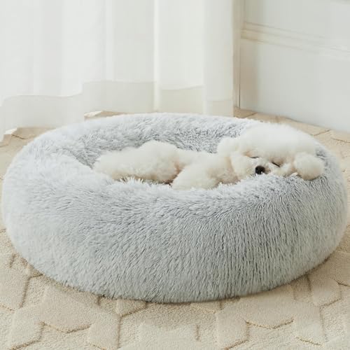 Large Round Calming Dog Bed Cat Bed for Comfy Sleep (45"L x 45"W x10"Th / light grey)