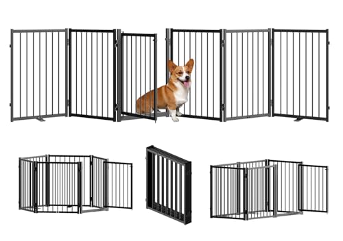 Full Metal Freestanding Dog Gate with Door (【6 Panels】120"W*24H" / Black)