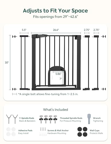 Dog Gate with Adjustable Cat Door (Black / 29-43" Wide, 30" Tall)