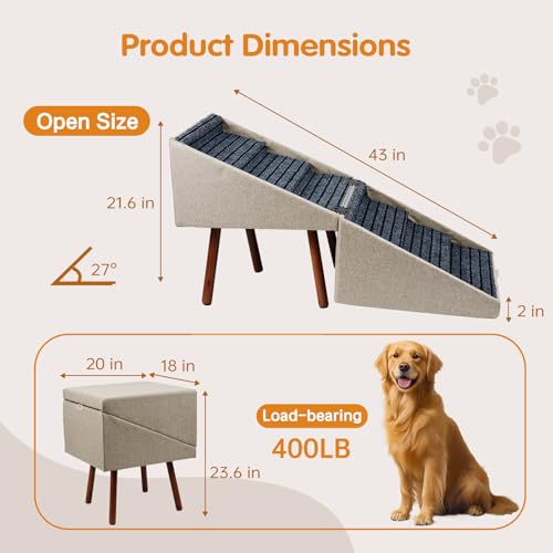 XXL 2-in-1 Ottoman Dog Stairs for Large Dogs,21.6 Inch Foldable (Beige H 21.6")
