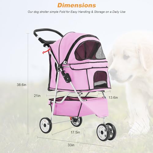 3 Wheels Pet Dog Stroller Cat Cage Jogger Stroller Cats Travel Folding Carrier Waterproof with Cup Holder & Removable Liner (Pink / 3 Wheels)