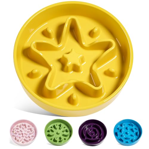 Ceramic Slow Feeder Dog Bowls Small Breed (Star Yellow / S-0.6 Cups)