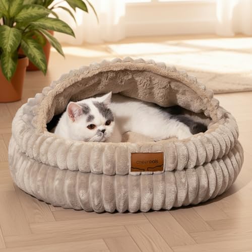 Cat Cave Bed for Indoor Cats Covered Hooded Pet Bed with Cushion (Khaki)
