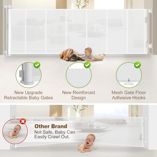 150 inch Reinforced Retractable Baby Gates 34 inch Tall (White / 34" Tall x 150" Wide)