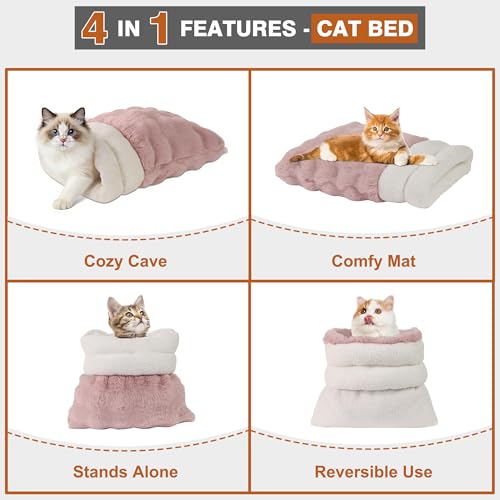 3 in 1 Semi Enclosed Self Warming Burrow Cat Bed Sleeping Cave (Pink)