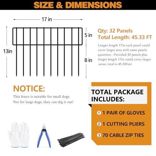 45.33ft(L) X 13inch(H) Animal Barrier Fence, 32 Panels No Dig Fences for Rabbit, Dog Digging Defense Ground Bottom Blockers, Rustproof Metal Border for Garden Outdoor Patio Landscaping (32Pcs, 45.33ft(L) X 13inch(H) / Black)