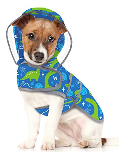 Clear Hooded Dog Raincoat Jacket Poncho with Dog Leash Hole Dino M (Medium / Dinosaurs)
