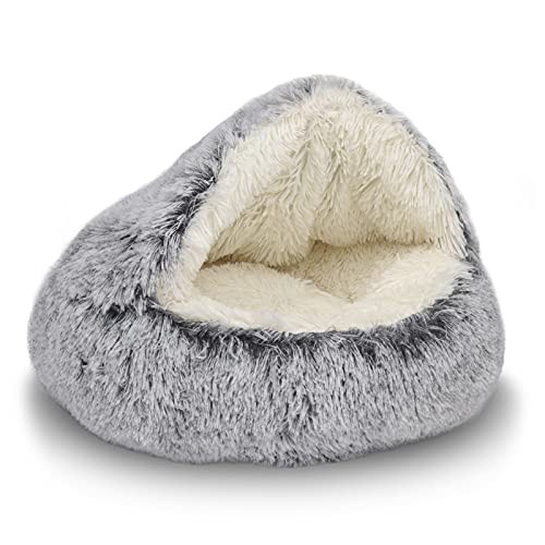 Plush Fluffy Hooded Cat Bed Cave (26.0"L x 26.0"W x 6.5"Th / grey)