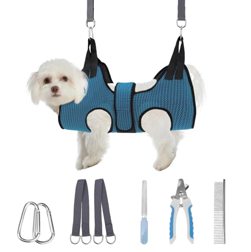 Dog Grooming Hammock Harness for Dog Cat with Pet Nail Clipper Trimmer (XS / Dark Blue)