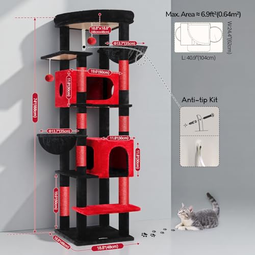 74in Gothic Heavy Duty Cat Tree Tower for Indoor Large Cats (Red Black / 74inch)