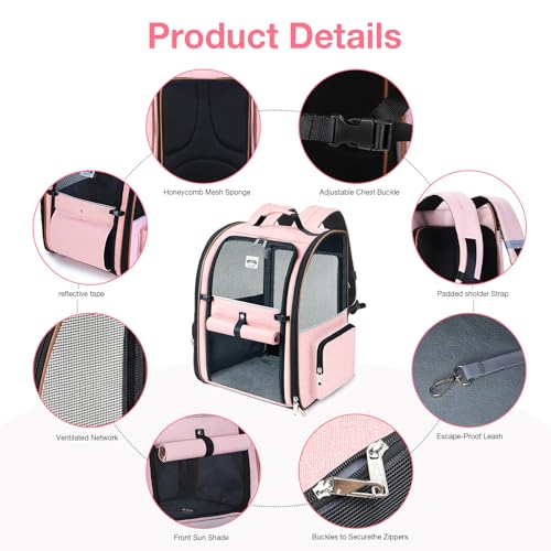 Large Cat Backpack Carrier Expandable Foldable Pet Carrier Backpack for Small Dogs Puppy Medium Cats Fit Up to 18 Lbs for Travel (Pink)