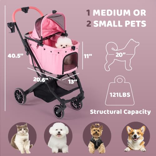 Dog Stroller for Small to Medium Dogs with Detachable Carrier (Sakura Pink)
