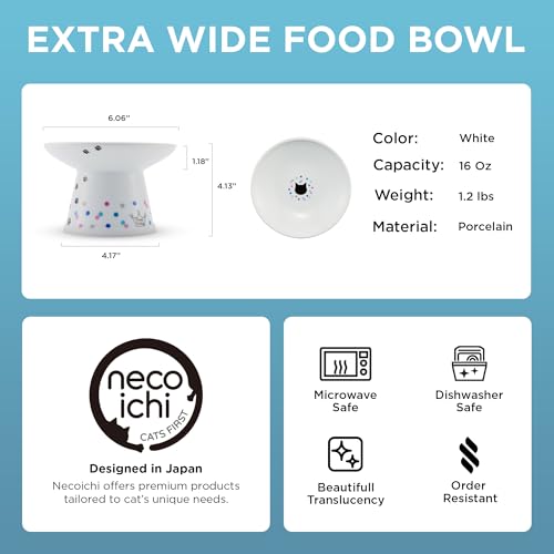 Necoichi Ceramic Raised Cat Food Bowl (Colorful Dots / Large Extra Wide)