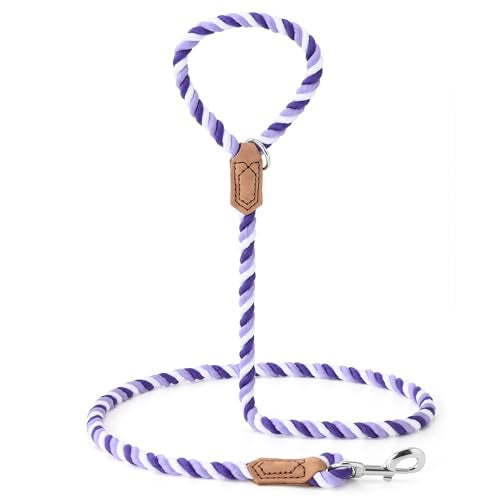 Rainbow Dog Leash Braided Cotton Rope w Leather (Purple Gradient / 48 Inch-1/2")