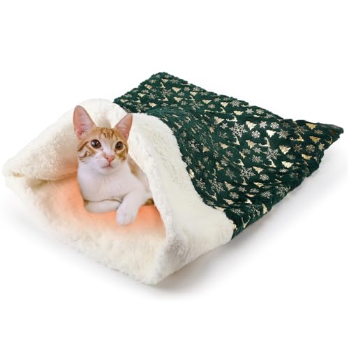 Christmas Self Warming Cat Sleeping Bag Cave Bed (Christmas Style / Green)