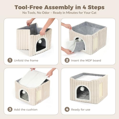 3-in-1 Cat Cave Bed for Indoor Cats with Scratch Pad (Cream)