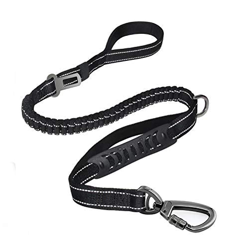 Heavy Duty Bungee Dog Leash with Locking Carabiner for Large Dogs (Black)