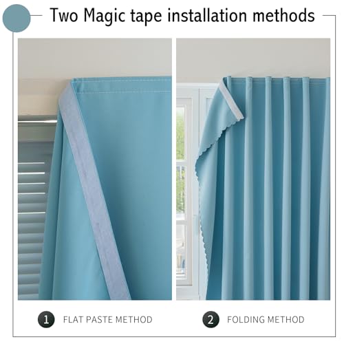 Magic Tape Stick on Curtains Blackout Curtains for Bedroom no Drillng Self Adhesive Curtain no Rod Small Window (Sky Blue / 35"W x 40"L (Pack of 2))