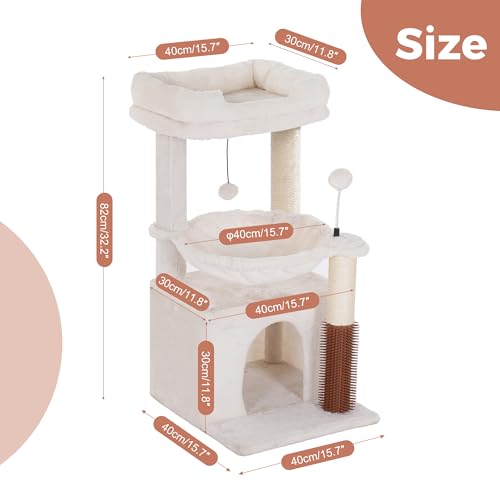 Cat Tree 32” Small Cat Tower with Large Hammock 16”& Self Groomer (Medium-32" / Beige)