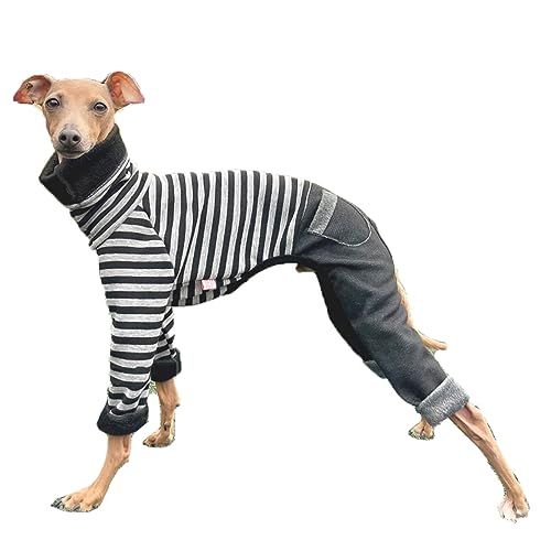 D Doggy Star Italian Greyhound Clothes Stripe Fleece Stretchable Denim Onesie Whippet for Dog Turtleneck Outfits Coat (M / Denim Black)