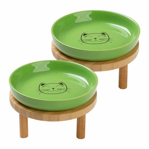 Shallow Wide Elevated Cat Bowls Whisker Fatigue (Green)