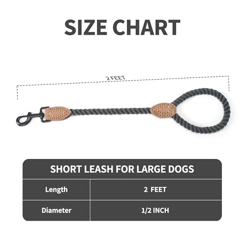 Dog Leash Braided Cotton Rope with Leather (Dark Grey / 18 Inch-1/2")