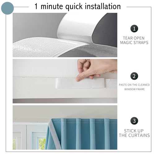 Magic Tape Stick on Curtains Blackout Curtains for Bedroom no Drillng Self Adhesive Curtain no Rod Small Window (Sky Blue / 35"W x 40"L (Pack of 2))