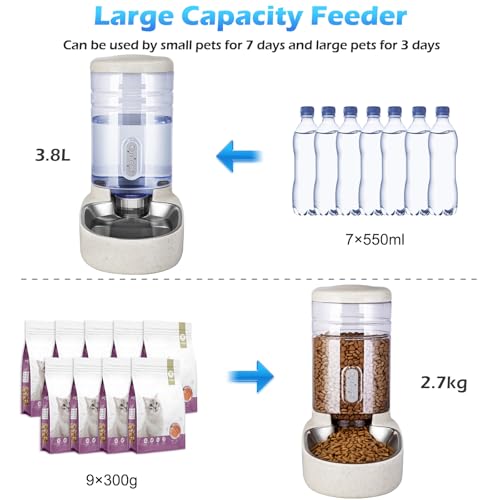 Automatic Cat Feeder and Water Dispenser with Stainless Steel Bowl Gravity Food Feeder and Waterer Set for Small Medium Dog Puppy Kitten 1 Gallon x 2 (Stainless Steel-Beige)
