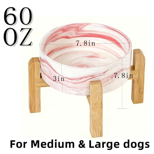 Elevated Raised Ceramic Dog Bowl with Bamboo Stand (Marble Pink / Large)