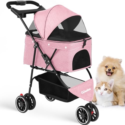Pet Stroller Dog Stroller for Small Medium Dogs Cats (Pink)