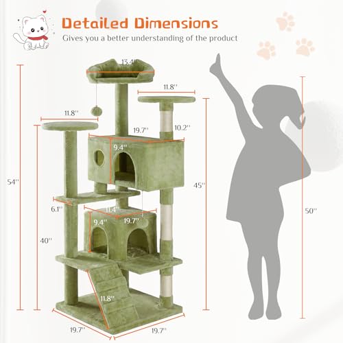 54 Inch Cat Tree Tower with Scratching Posts (Green / 54'' × 20'' × 20'')