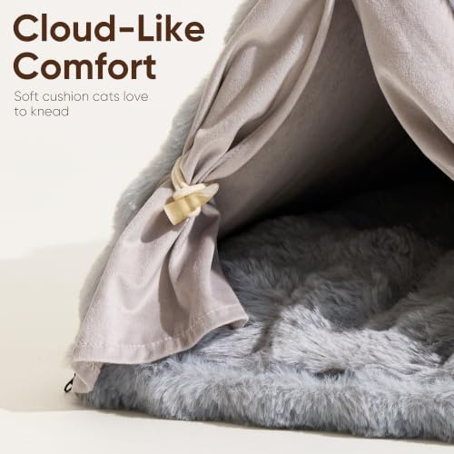 Cat Cave Bed Sturdy Frame Washable Cat Tent Bed with Curtain (Grey / 20"L x 20"W x 17"Th)