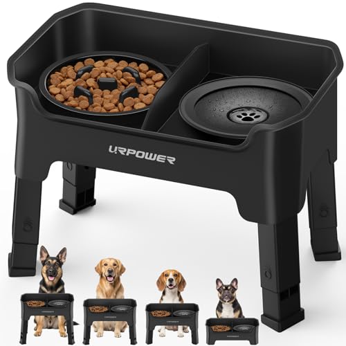 Mess Proof Elevated Dog Bowls 4 Height Adjustable Raised Stand (Black / Large)