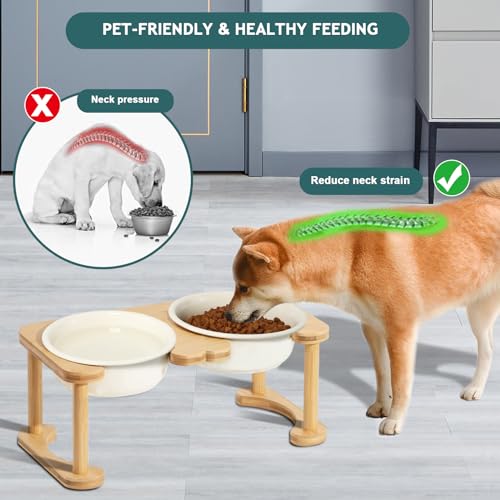 Elevated Ceramic Dog Bowl with Stand (Double Bowls+Stand (Cream White) / M-28OZ)